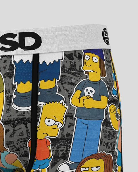 The Simpsons characters including Bart, Homer, and Marge printed on gray boxer briefs with elastic waistband.