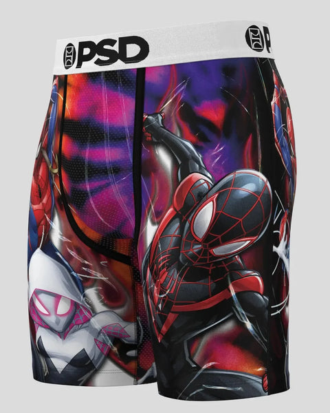 PSD boxer briefs with Spider-Man characters in red, black, and purple colorway featuring three masked heroes.