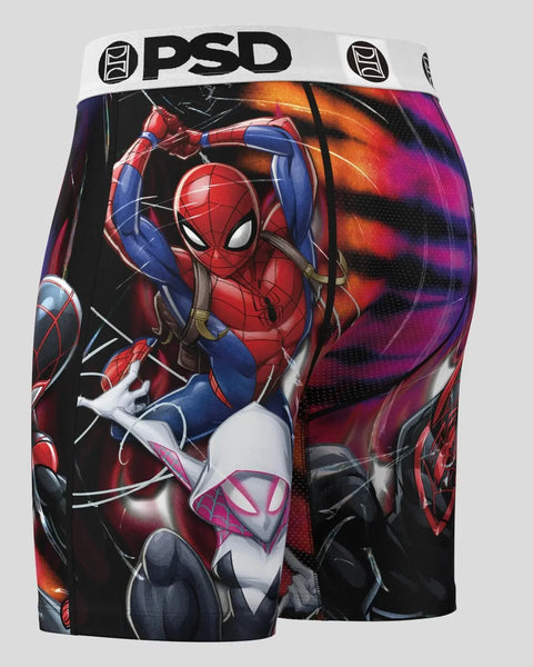 PSD brand underwear with Spider-Man character print in red, blue, and black colors on front and sides.