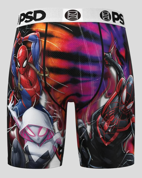 PSD brand underwear with Spider-Man characters in red, blue, and black, featuring three Spider-Man variants on colorful strip