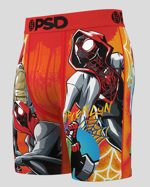 PSD boxer brief with Miles Morales Spider-Man graphic print in red, black, and multicolor on front and sides.