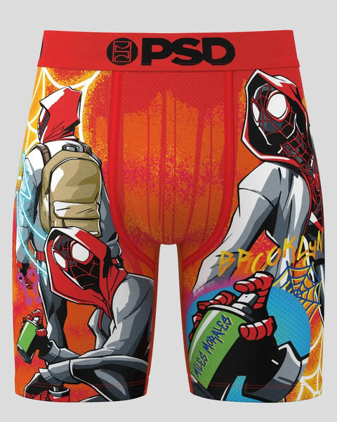 Red PSD boxer briefs with Miles Morales Spider-Man graphic print, orange gradient background, and colorful character illustra