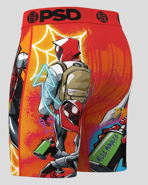 PSD Miles Morales underwear with red Spider-Man character, backpack, and neon web designs on orange gradient background.