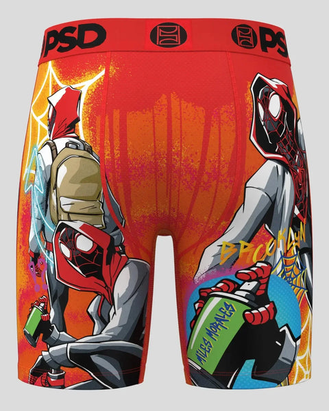 Red PSD boxer briefs with Miles Morales Spider-Man graphic print and orange gradient background.