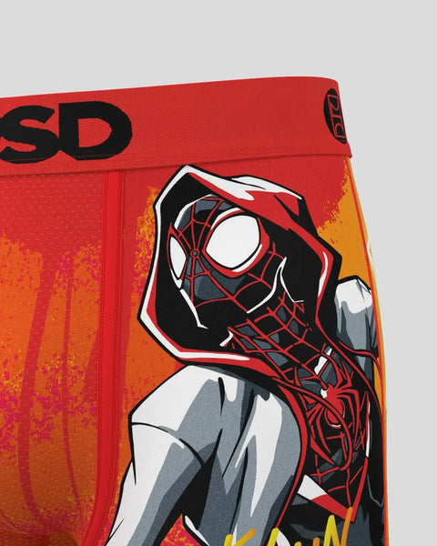 Funko Pop figure of Miles Morales in red and black Spider-Man suit on red and orange gradient packaging.