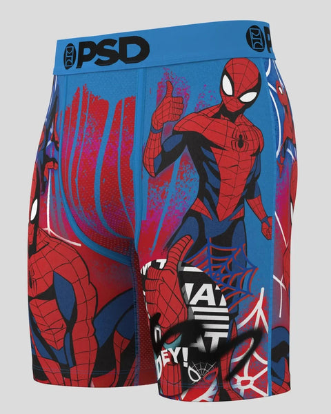 Blue and red Spider-Man boxer briefs with PSD waistband and multiple character graphics.