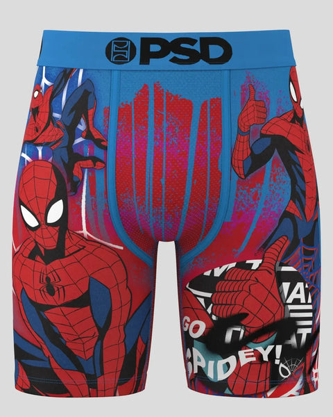 Blue PSD boxer briefs with red Spider-Man character print, web patterns, and text graphics throughout.