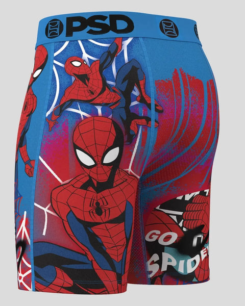 Blue and red Spider-Man boxer briefs with PSD waistband and multiple Spider-Man character graphics throughout.