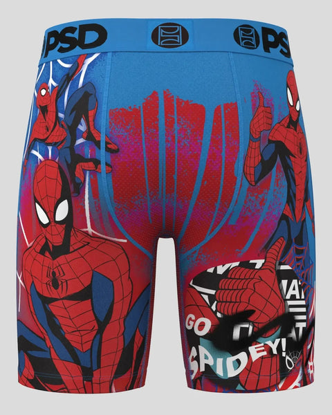 Blue and red Spider-Man graphic boxer briefs with PSD waistband and character illustrations.
