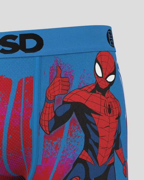 Blue underwear with Spider-Man character giving thumbs up gesture and black waistband text.
