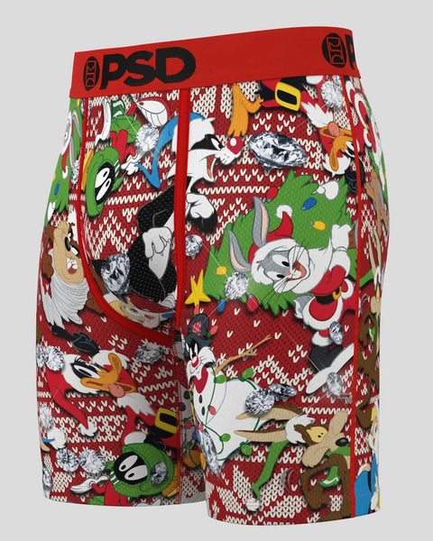 Red boxer briefs with Looney Tunes characters and knit pattern design, red PSD waistband.