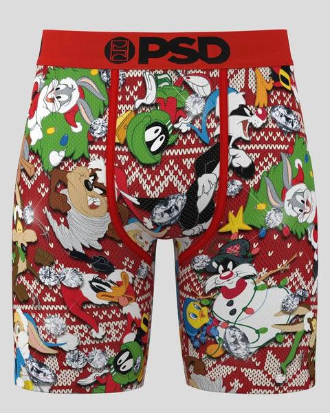 PSD Looney Tunes holiday-themed boxer shorts with red waistband featuring animated characters and festive patterns on red and