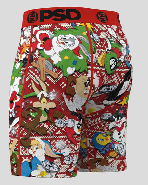 PSD boxer shorts with Looney Tunes characters and red knit pattern with holiday-themed graphics.