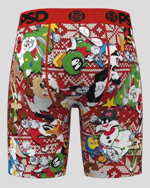 Red knit pattern boxer briefs featuring Looney Tunes characters and holiday-themed designs with PSD waistband.