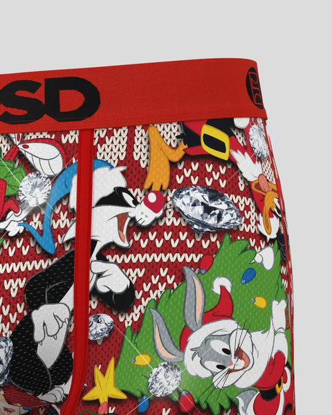 Red boxer briefs with Looney Tunes characters and holiday knit pattern design.