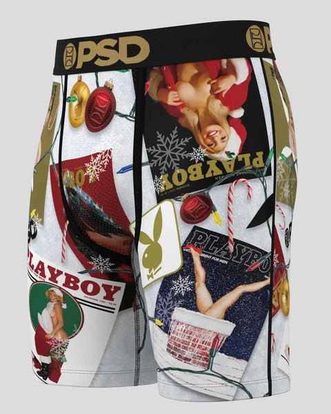 PSD boxer briefs with Playboy Christmas-themed collage print, black waistband with gold logo.