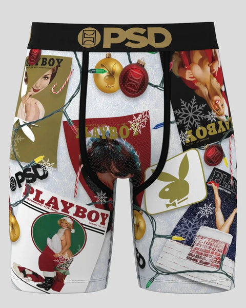 PSD boxer briefs with Playboy Christmas theme featuring vintage magazine covers, ornaments, and snowflakes on white backgroun