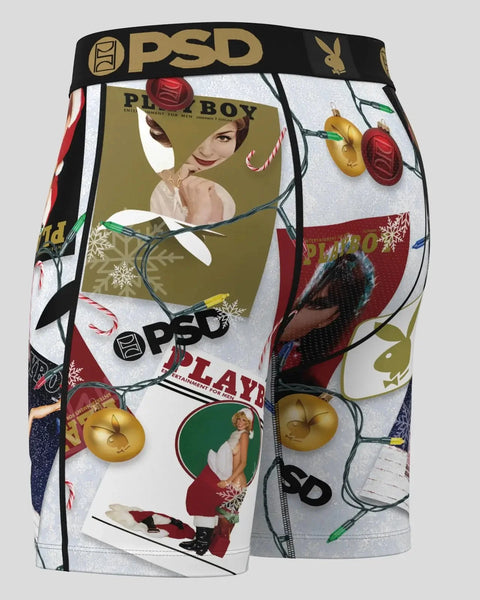 PSD boxer briefs with Playboy magazine covers, vintage pinup imagery, candy canes, and gold ornaments on white background.