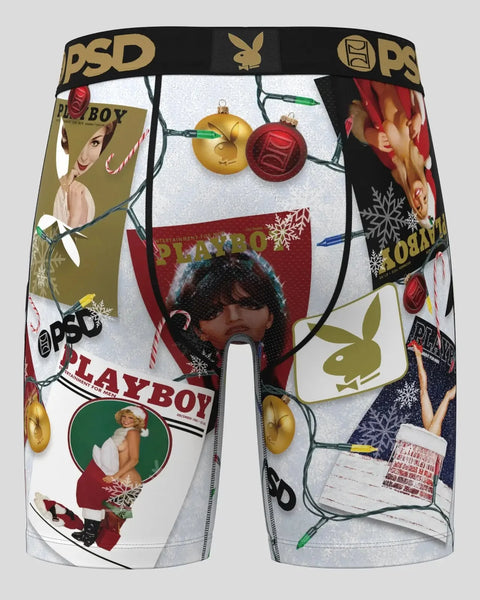 PSD boxer briefs with Playboy magazine covers, holiday ornaments, and Christmas lights print on white background.