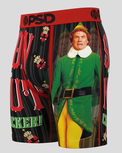 PSD men's boxer brief with character print in red and black featuring elf in green jacket with yellow pants.
