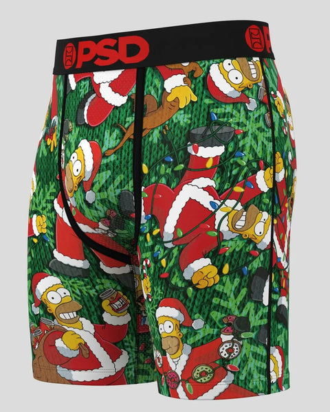 PSD boxer briefs with green knit background featuring Homer Simpson characters in red Santa suits and holiday patterns.