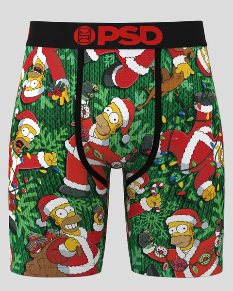 PSD boxer shorts with Homer Simpson in Santa hats repeated on green and red background with holiday decorations.