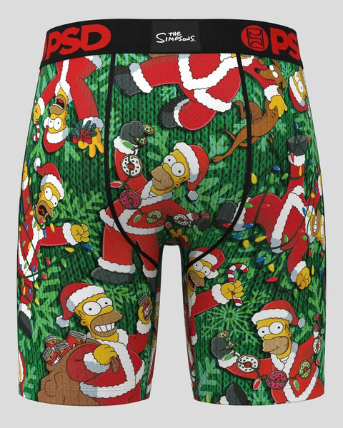 Green Simpsons boxer shorts with Homer character in red Santa outfit and holiday decorations throughout.