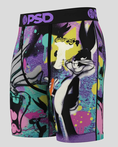 PSD brand underwear featuring Bugs Bunny character with colorful paint splatter design on black background.