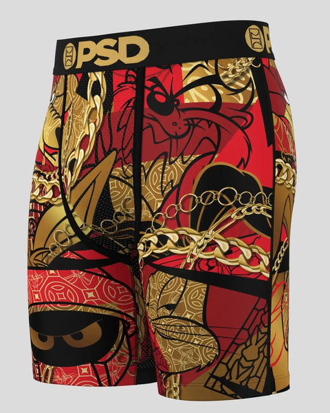 PSD boxer briefs with red, gold, and black Looney Tunes character print and elastic waistband.