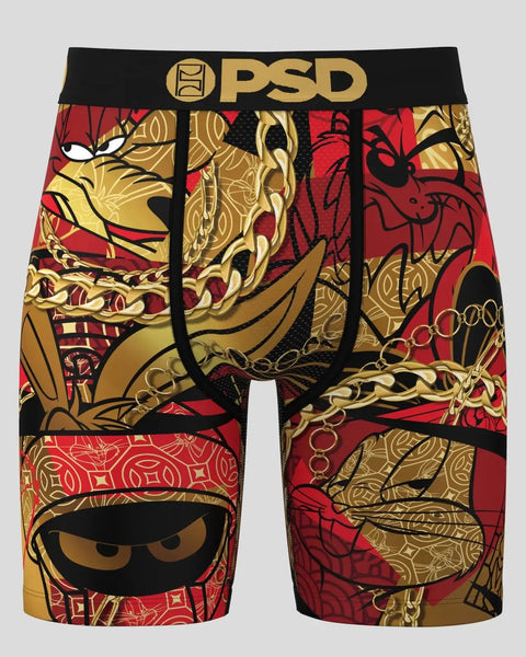PSD boxer briefs with red and gold Looney Tunes character graphics and black waistband.