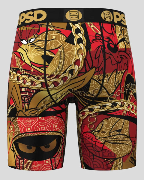 PSD boxer briefs with red, gold, and black Looney Tunes character print and elastic waistband.