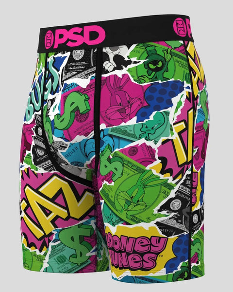 PSD boxer briefs with colorful Looney Tunes characters, money graphics, and bold geometric patterns in green, pink, yellow, a