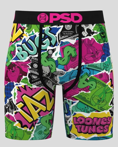 PSD boxer briefs with colorful Looney Tunes money and character print design on white, green, pink, and blue background.