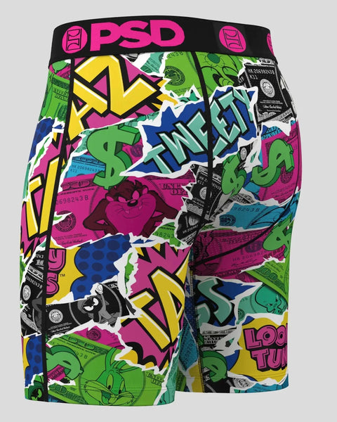 PSD boxer briefs with colorful Looney Tunes money-themed print, magenta waistband, and character illustrations.