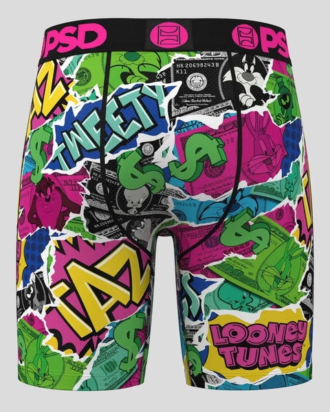 PSD boxer briefs with colorful Looney Tunes and money print design, featuring pink waistband and leg trim.