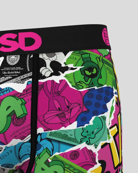 Colorful Looney Tunes boxer shorts with cartoon characters and money-themed print on black waistband.