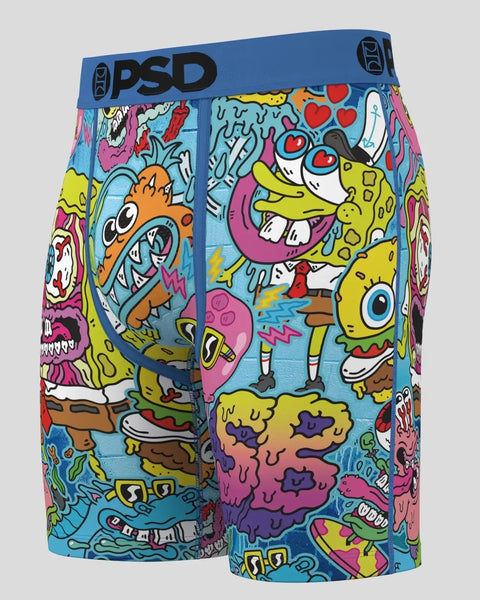 PSD boxer briefs featuring SpongeBob SquarePants punk-style character design in bright yellow, blue, pink, and orange colors.