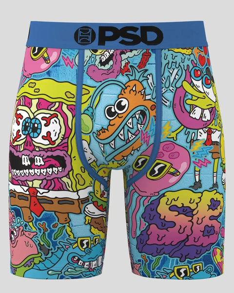 SpongeBob SquarePants punk-style boxer briefs with colorful graphic characters and monsters on blue waistband.
