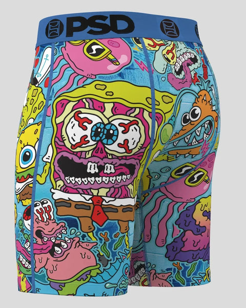 PSD branded shorts with multicolored punk-styled SpongeBob SquarePants character graphics and blue waistband.
