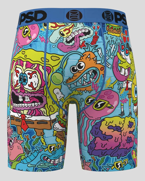 PSD brand boxer shorts with colorful punk-style SpongeBob SquarePants characters and graphic designs throughout.