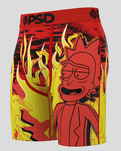 Red and yellow Rick and Morty Heat boxer briefs with flame design and character artwork on red waistband.