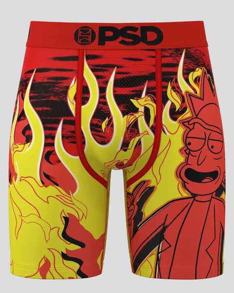 Red and yellow boxer briefs with Rick and Morty animated characters surrounded by flame graphics and black distressed texture