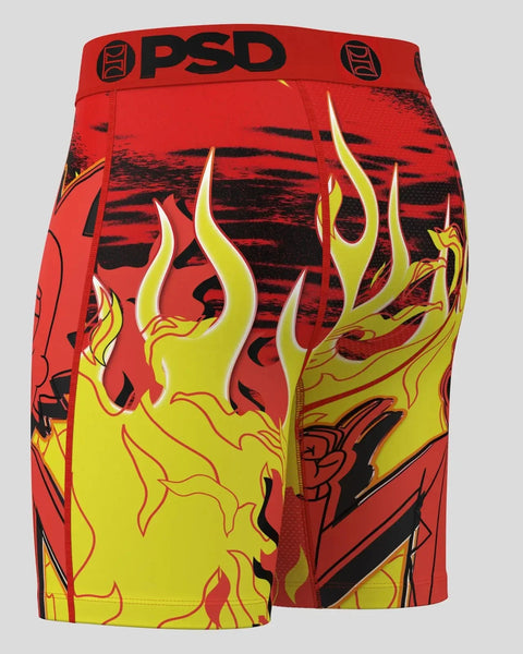 Red PSD boxer shorts with yellow and black flame graphics and striped pattern throughout.