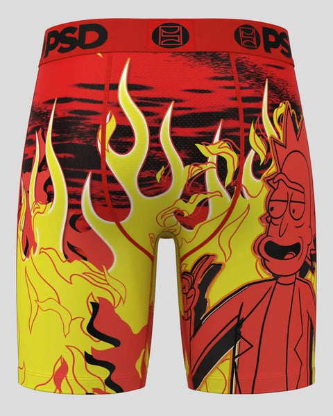 Red and yellow athletic shorts with flame graphics and Rick and Morty character design, PSD waistband.