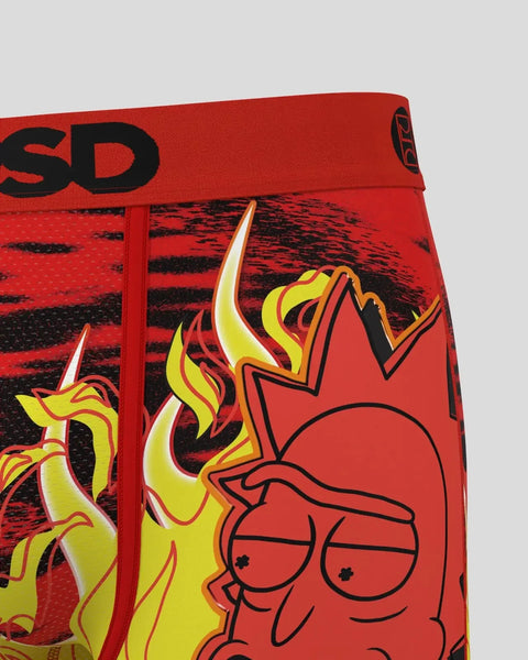 Red underwear with Rick and Morty character graphic and yellow flame design on front.