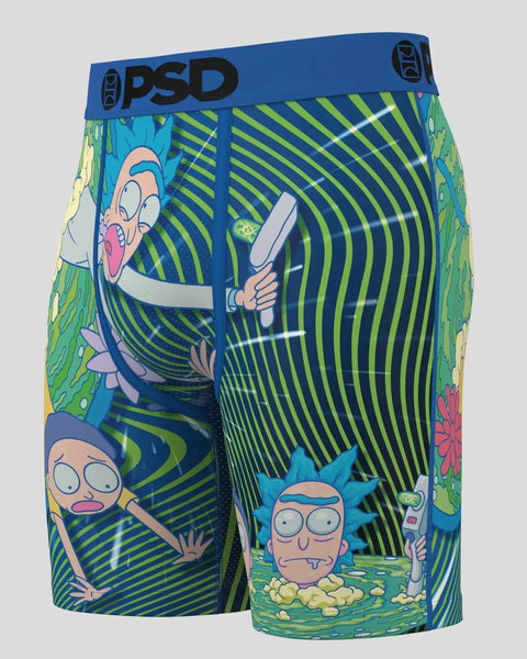 PSD brand boxer shorts with Rick and Morty characters and green striped portal pattern design.