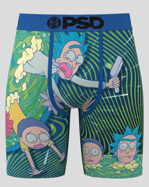 Blue PSD brand boxer briefs with Rick and Morty characters and green striped portal design pattern.