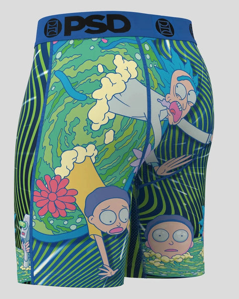 PSD boxer briefs with Rick and Morty characters and psychedelic portal graphics in blue, green, and yellow.