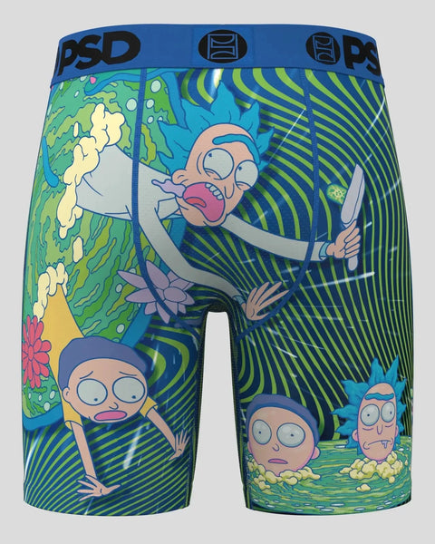 PSD underwear with Rick and Morty characters and green portal design on blue and lime striped background.