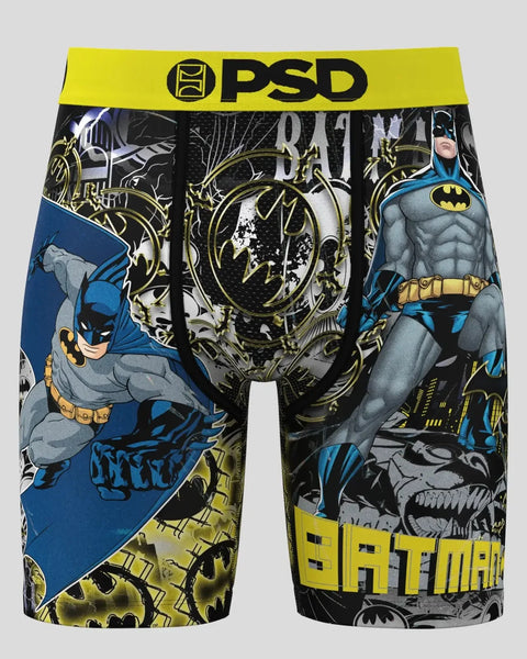 PSD boxer briefs with Batman character artwork, yellow waistband, blue and black graphic design throughout.